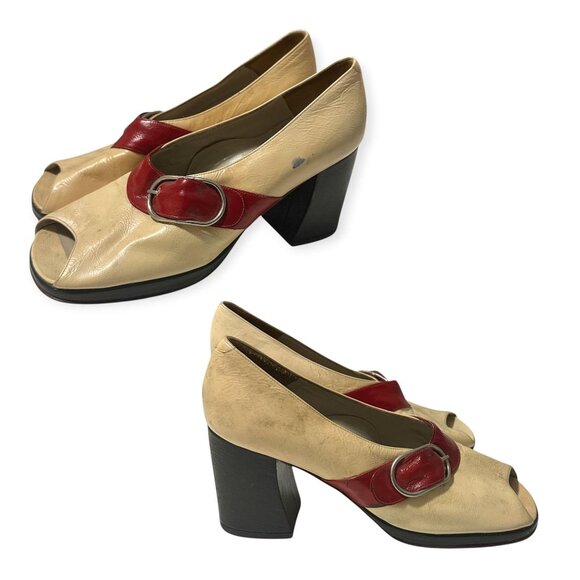 Vintage Ballotta Bologna Italy Red & Ivory Leather Peep-Toe Pumps 1960s–70s - Picture 11 of 11